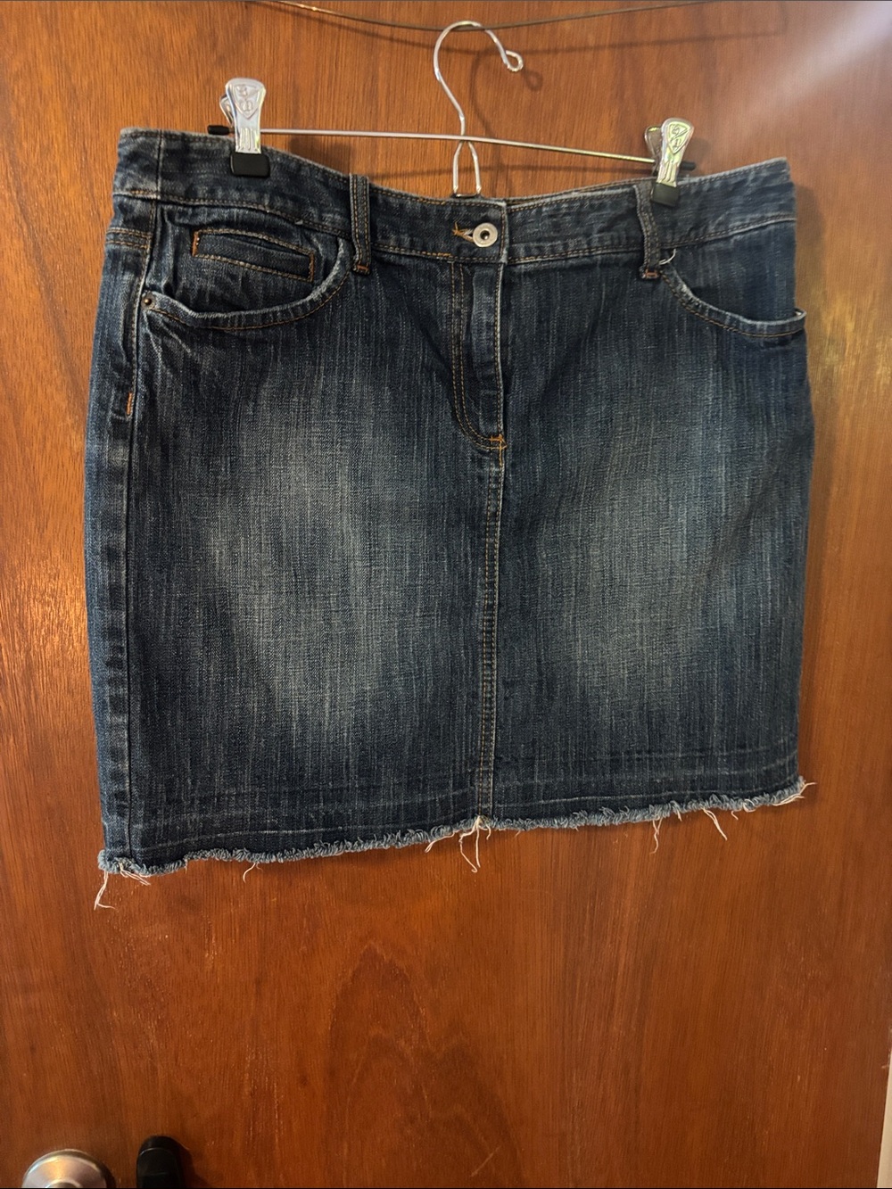 LOFT Dark Blue Denim Mini Skirt with Frayed Hem
